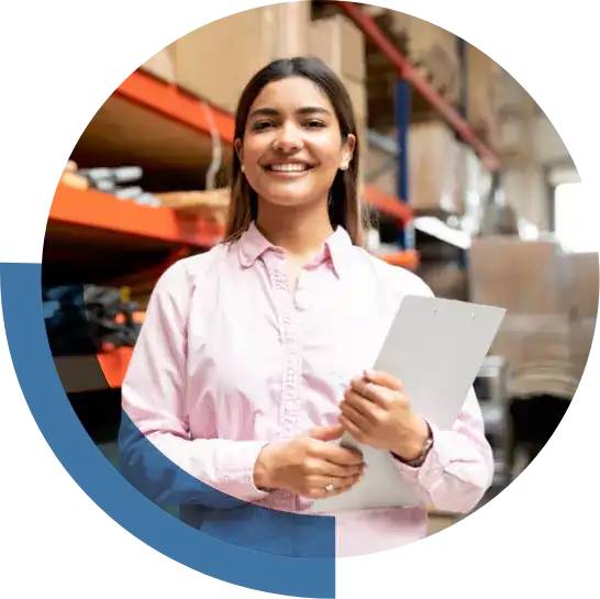 An image of a person holding a clipboard and smiling.